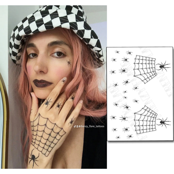Modern Witch Spiderweb Temporary Tattoos for Halloween Costume. Spooky Spiders for Knuckes, Hand and Face Tattoos