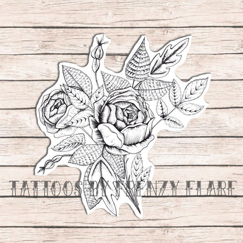 Rose Bouquet Temporary Tattoo. Line work tattoo with detailed roses and leaves. Different sizes available