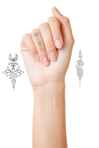 Unalome Temporary Tattoos. Lotus flower, Om Symbol, Third eye, Moon, Enlightment Symbols. 16 different designs. Stocking Stuffer Gift