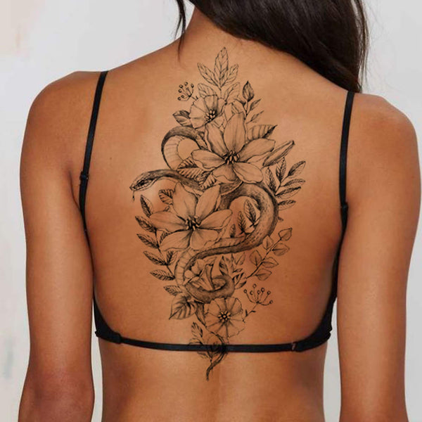 Snake Floral Temporary Tattoo, Sexy Serpent With Leaves and Floral Decorations. Line Art Large Piece for Back, Thigh, Arm or leg. Unisex