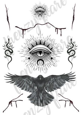 Witch Temporary Tattoos for Halloween, Raven, Snake, Third Eye and Cuts for a Mystical Witchy Look