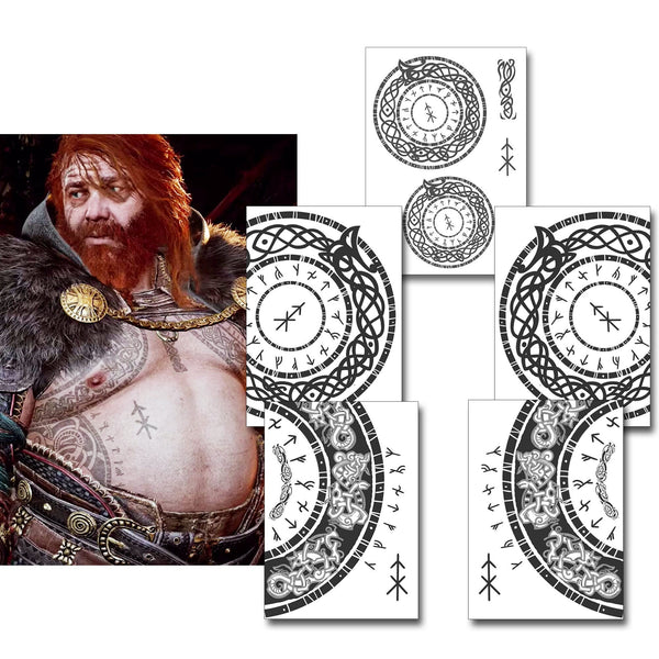 Thor GOW Temporary Tattoos for Cosplayers. Face Runes, Chest and Stomach Designs for Viking Cosplaying. God Of War Costume
