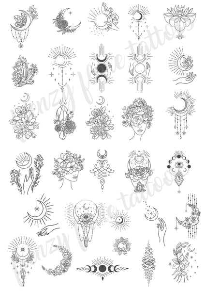 Unalome Temporary Tattoo, Small Moon, Sun, Stars, Cleavage, Mystical Crystals, Third Eye Line Art, Stick and Poke Designs. Stocking stuffer