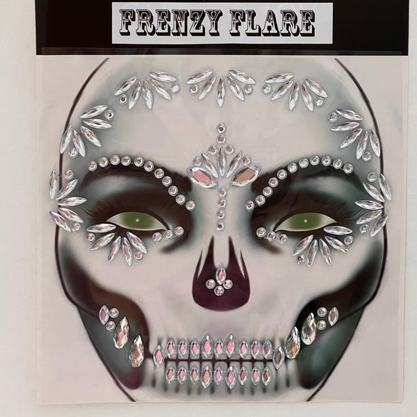Alien Costume Face Temporary Tattoos. Day of the Dead Crystal Sticker, Fashionable Scary Halloween Costume. Dia de los Muertos