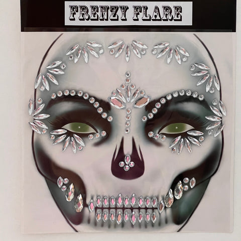 Alien Costume Face Temporary Tattoos. Day of the Dead Crystal Sticker, Fashionable Scary Halloween Costume. Dia de los Muertos