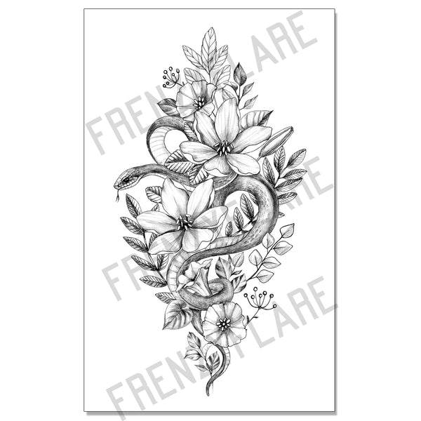 snake and plant tattoo Snake Floral Temporary Tattoo, Sexy Serpent With Leaves. Line Art Larg