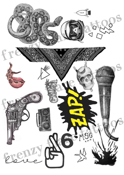 Zayn Inspired Temporary Tattoos 2017. Complete set, 2 full pages with real size tattoos up to date. Perfect for music costume party