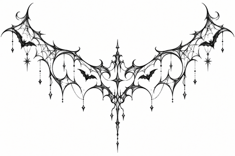 Elegant Halloween Vampiress Chest Temporary Tattoo- Bat Spiderweb Goth Chest Design