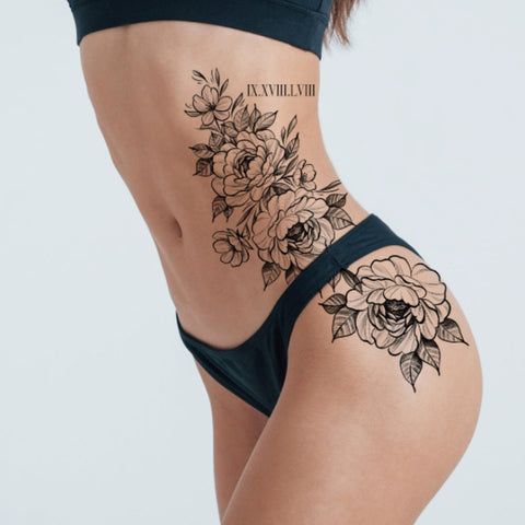 Floral Sexy Temporary Tattoo for Side of Body to Hip Area and Roman Numeral Numbers