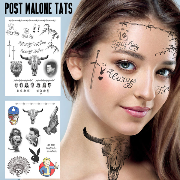 Post Malone Temporary Tattoos for Cosplayers and Fans. Face Tattoos, Hands, Arms and Legs Designs