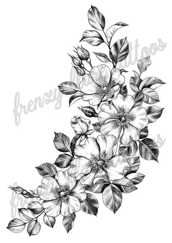 Floral Sexy Temporary Tattoo for Hip, Thigh and and Side of Body. Dog Roses Line Art