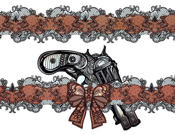 Large Temporary Tattoo Garter with Old School Gun and Red Bow. Halloween Western Costume