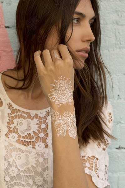 White Temporary Tattoos Pack of 10 sheets, White Henna Tattoos, Floral, Mehndi, Geometric, Accessorize Hands, Fingers and Body