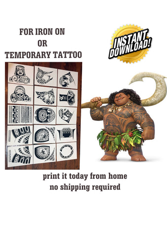 Size XL. Maui Costume Instant Download for Iron On or Temporary Tattoo. DIY print it from home. No shipping required