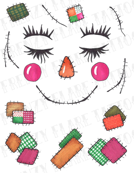 Scarecrow face temporary tattoo costume. Tattoo elements for face and body