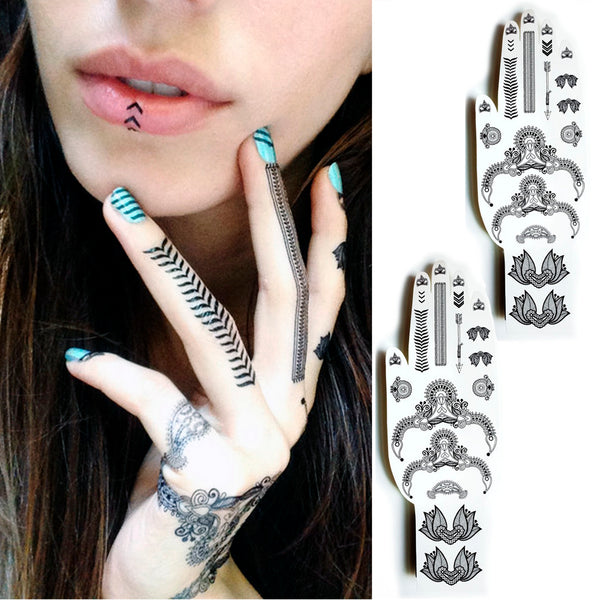 Black henna temporary tattoo. 2 Sheets Tribal Jewels. Ethnic bracelets, finger tattoos, cuticle and nail decals. Stocking Stuffer Gift