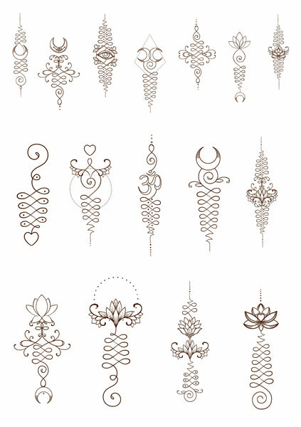 Unalome Temporary Tattoos. Lotus flower, Om Symbol, Third eye, Moon, Enlightment Symbols. 16 different designs. Stocking Stuffer Gift
