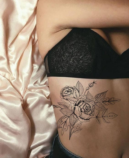 Rose Bouquet Temporary Tattoo. Line work tattoo with detailed roses and leaves. Different sizes available