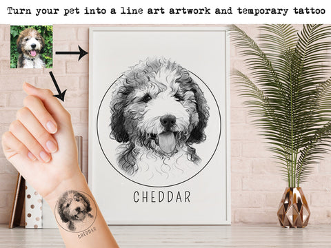 Custom Pet Portrait Temporary Tattoos and Wall Artwork. Cool Father's Day Gift for Pet Lovers. Turn the Photo of a Pet into Art