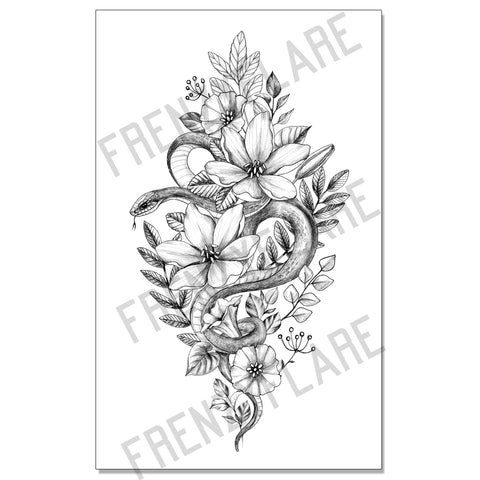 Snake Floral Temporary Tattoo, Sexy Serpent With Leaves and Floral Decorations. Line Art Large Piece for Back, Thigh, Arm or leg. Unisex