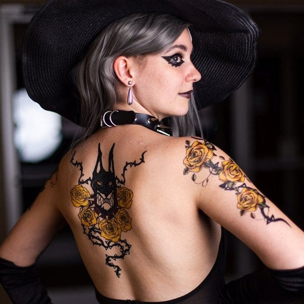 Shadow Sae from Persona 5 Temporary Tattoos for Cosplayers. Back Dog Tattoo and Yellow Roses for Arms