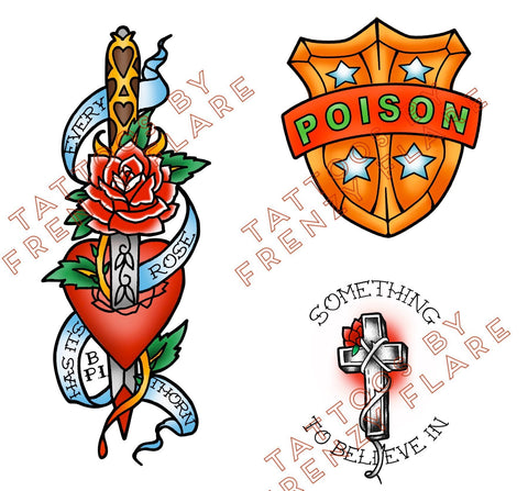 Custom Bret Michaels Temporary Tattoos for Fan Cosplayers. Poison, Every Rose has a Thorn and Something to Believe In Designs. Halloween
