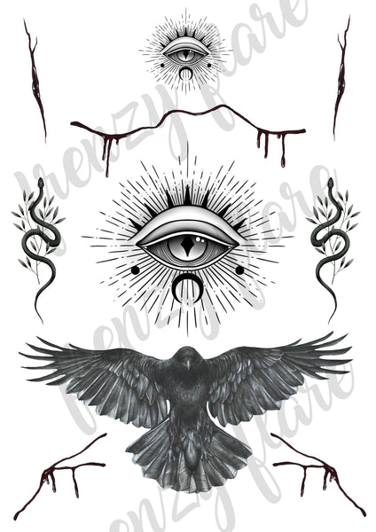 Witchy Digital Download Temporary Tattoos. Raven, Third Eye, Snakes, and Bloody Cuts.