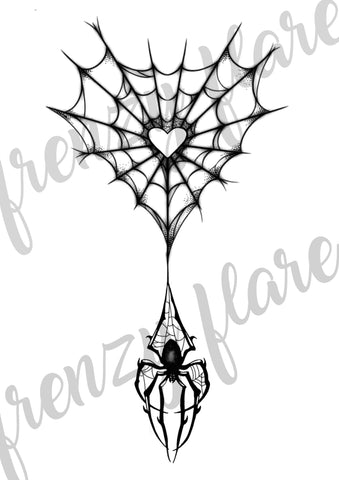 Heart Spiderweb with Spider Temporary Tattoo. Sexy Halloween Tattoo for Chest, Back, Arms or Legs. Pack of 2