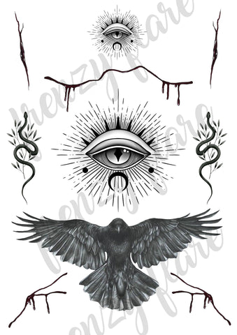 Witch Temporary Tattoos for Halloween, Raven, Snake, Third Eye and Cuts for a Mystical Witchy Look