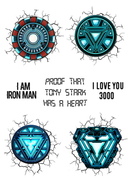 Iron Man Temporary Tattoos for Cosplayers, 4 Different Hearts and 3 Quotes for the Avengers Fan