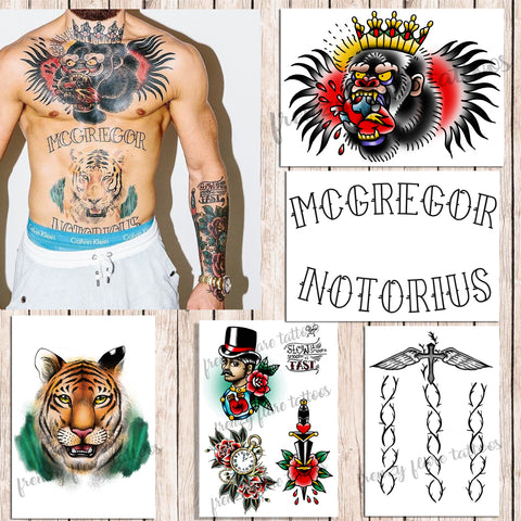 Conor McGregor Temporary Tattoos for Cosplayers. Real Size. 5 sheets Include Gorilla, Tiger, Arm Traditional Style Tattoos and Back Crucifix